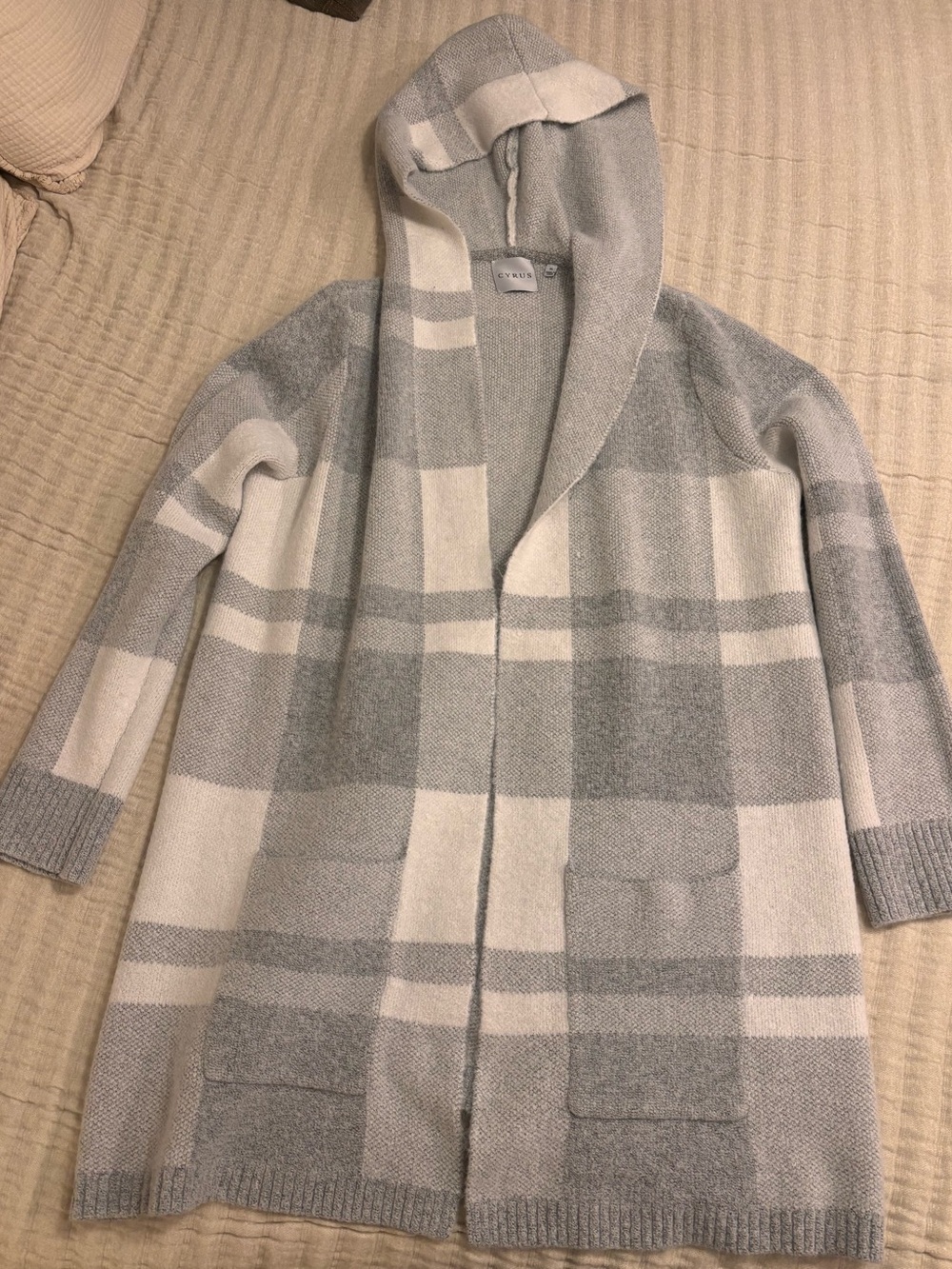 Cyrus Hooded Open-Front Plaid Cardigan - Gray & White